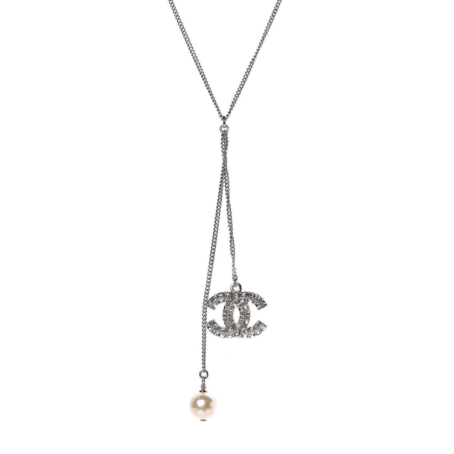 Baguette Crystal Pearl CC Lariat Necklace Silver