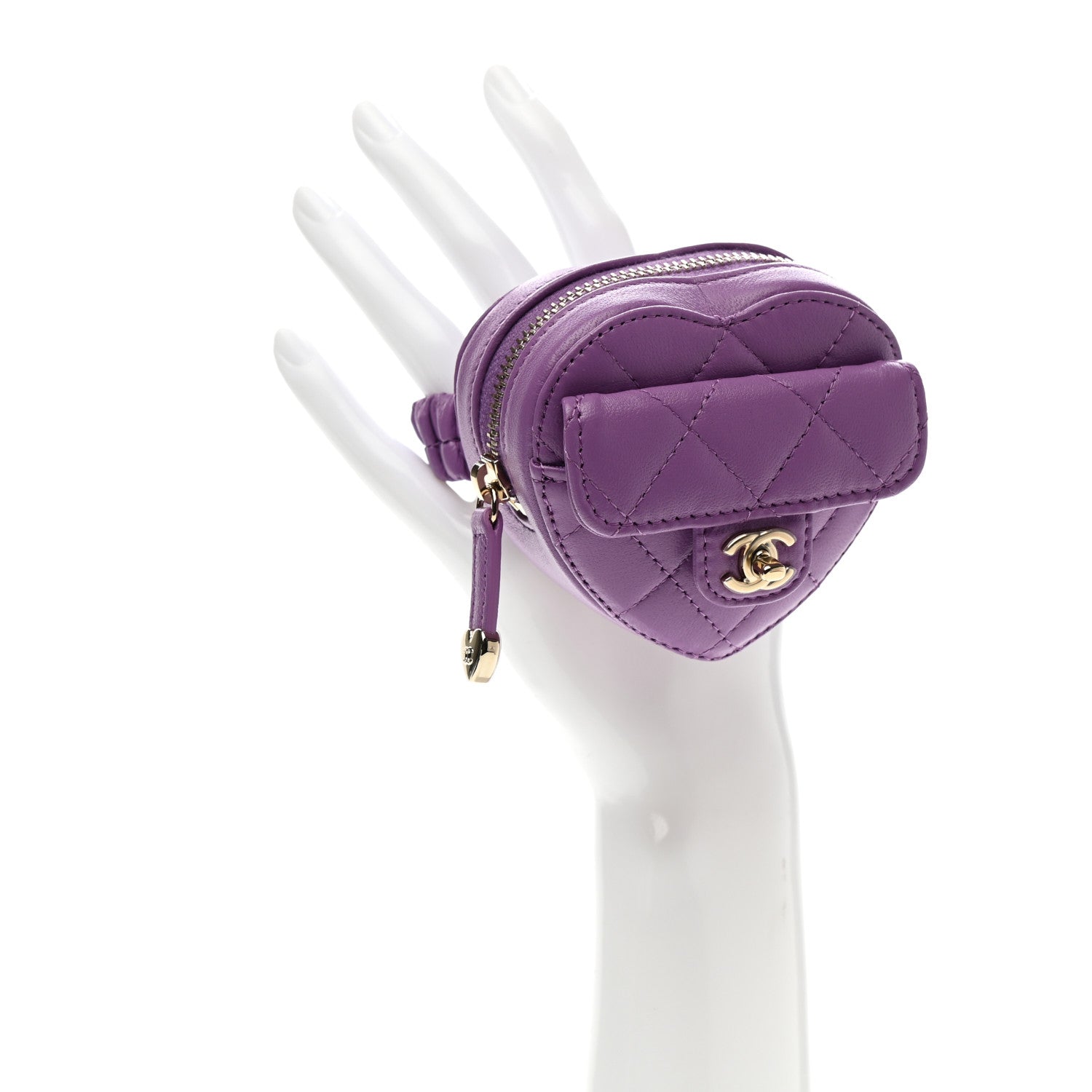 Chanel Lambskin Quilted CC In Love Heart Zipped Arm Coin Purse Purple 3 of 8
