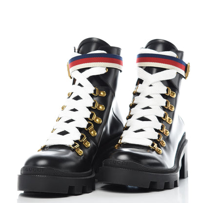 Gucci Calfskin Sylvie Web Lace Up Combat Boots 36 Black 3 of 9