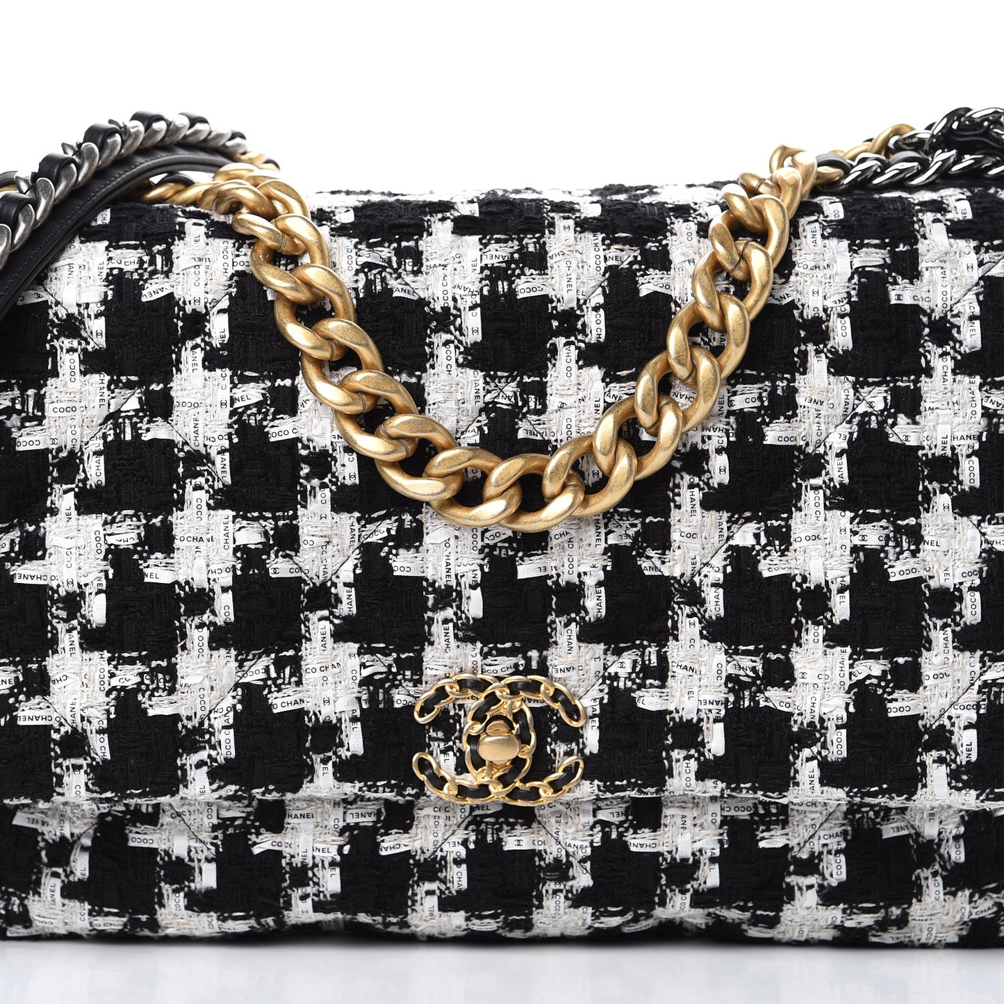 Tweed Quilted Maxi 19 Flap Black Ecru White