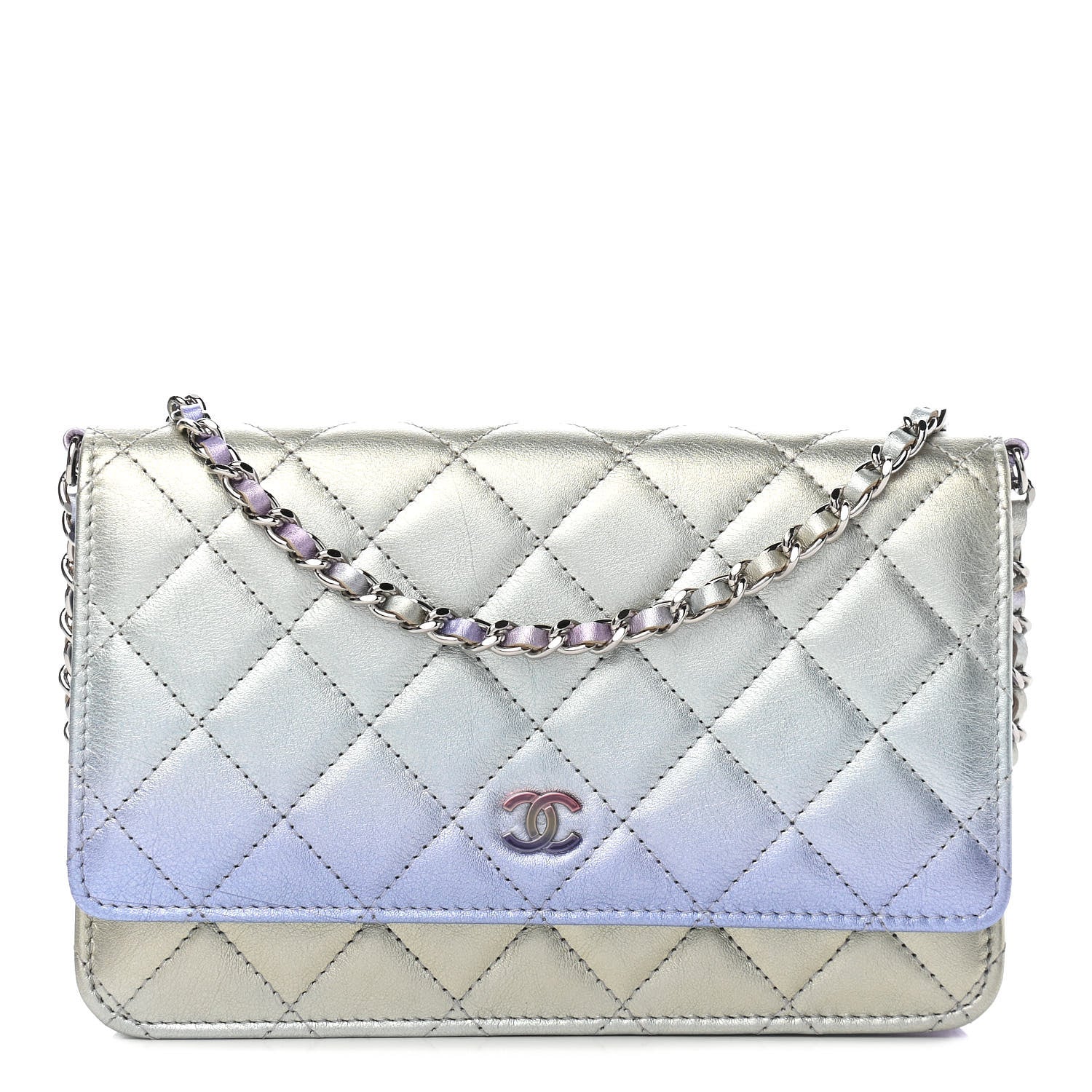 Chanel Gradient Metallic Calfskin Quilted Wallet On Chain WOC Silver Blue Yellow Purple 1 of 9