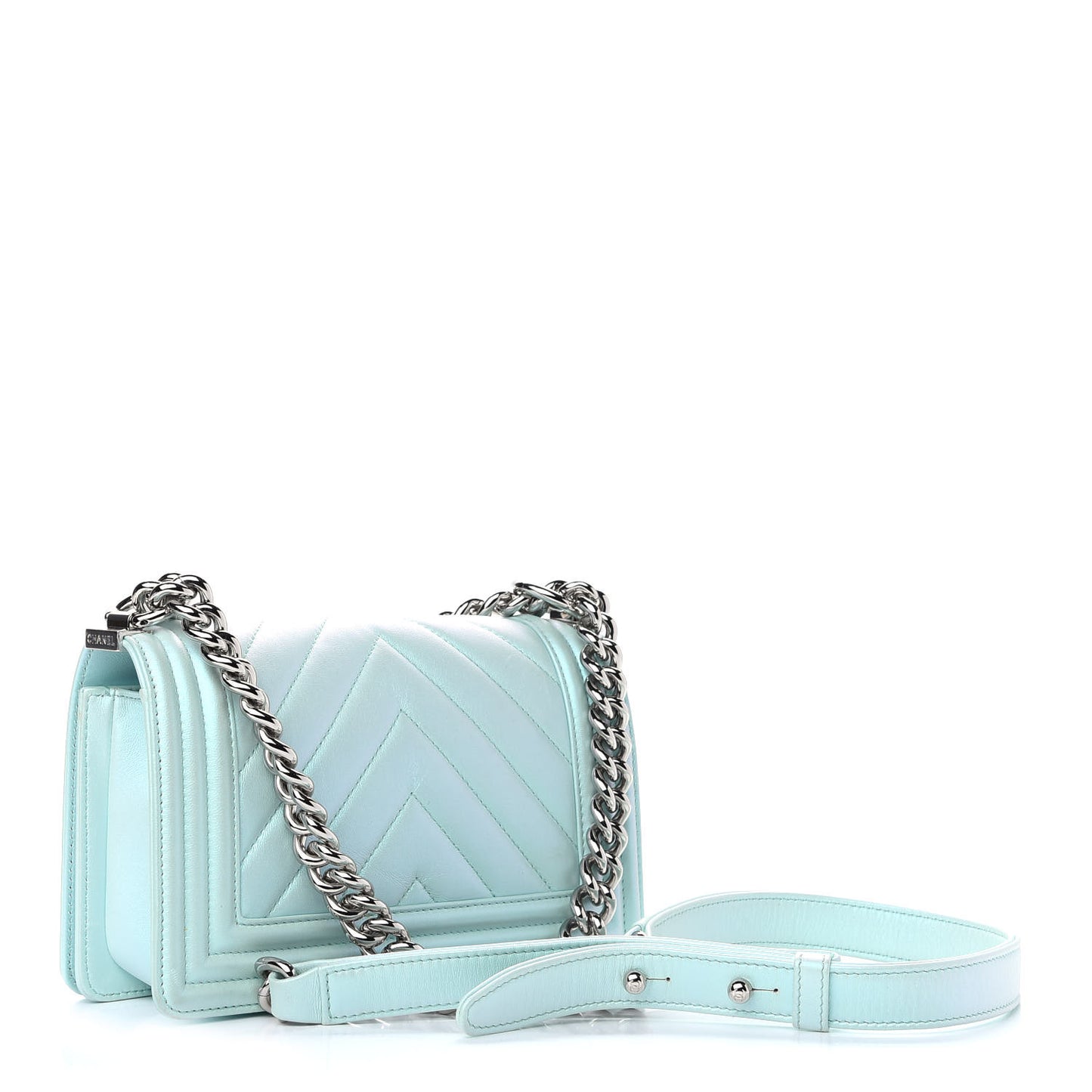 Iridescent Lambskin Chevron Quilted Small Boy Flap Turquoise