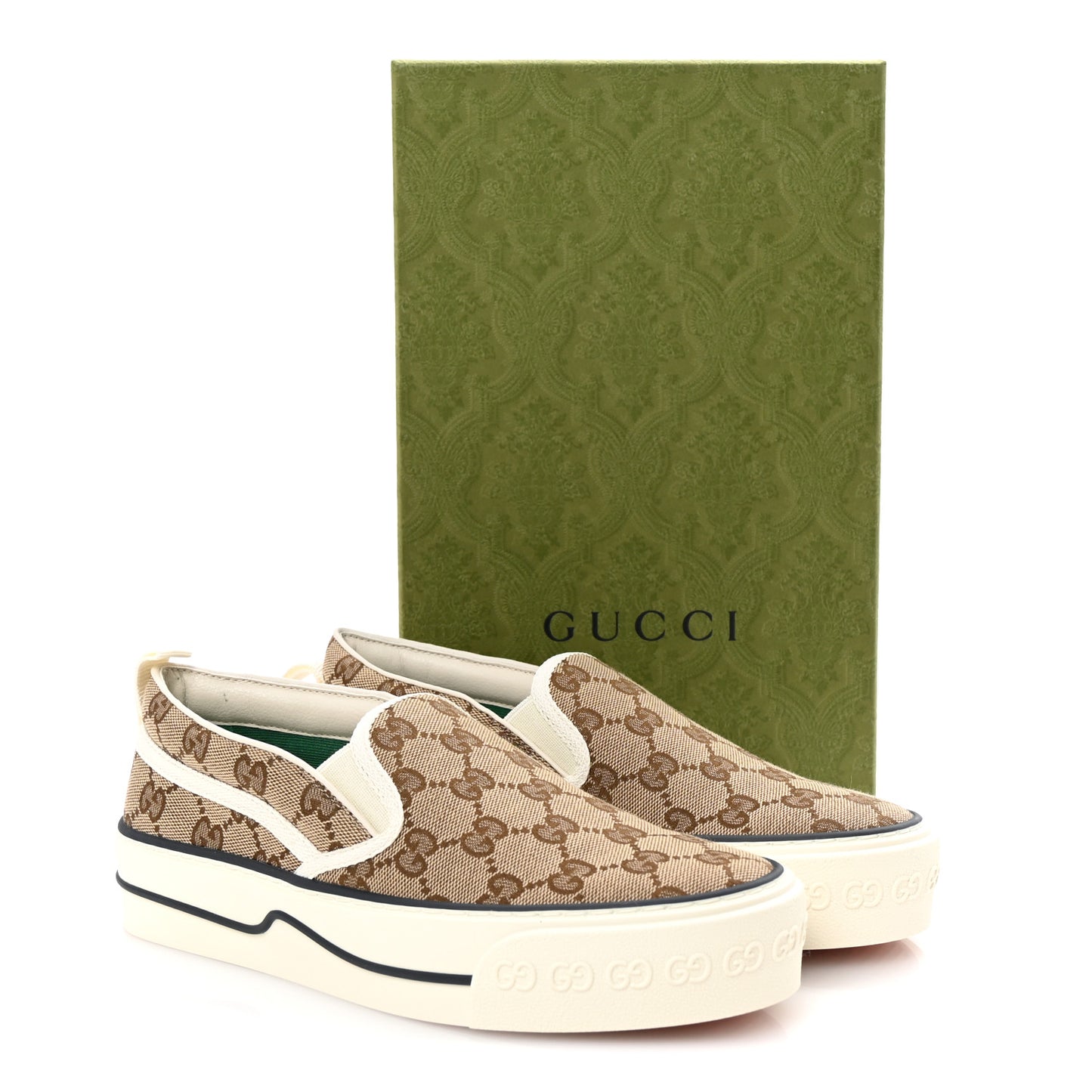GG Monogram Womens 1977 Tennis Slip On 30mm Sneakers 37.5 Beige Ebony Mystic White