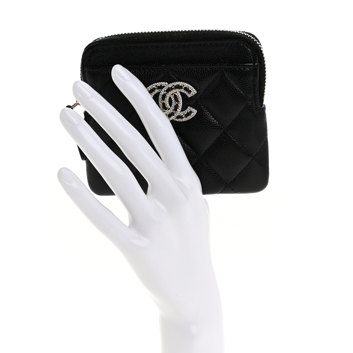 Chanel Caviar Quilted Crystal Zip Card Holder Wallet Black 2 of 8
