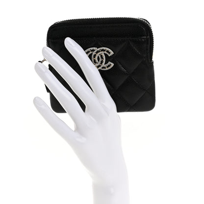 Chanel Caviar Quilted Crystal Zip Card Holder Wallet Black 2 of 8