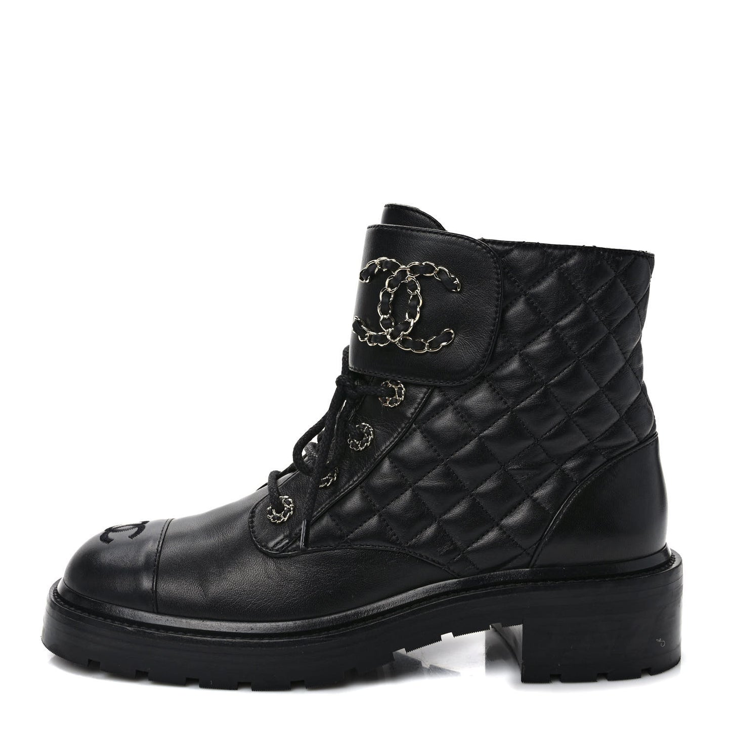 Shiny Calfskin Quilted Lace Up Combat Boots 41 Black