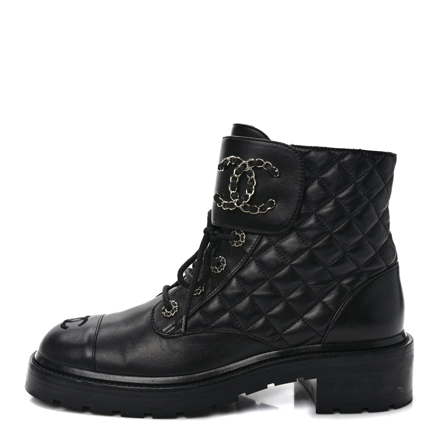 Chanel Shiny Calfskin Quilted Lace Up Combat Boots 41 Black 1 of 9