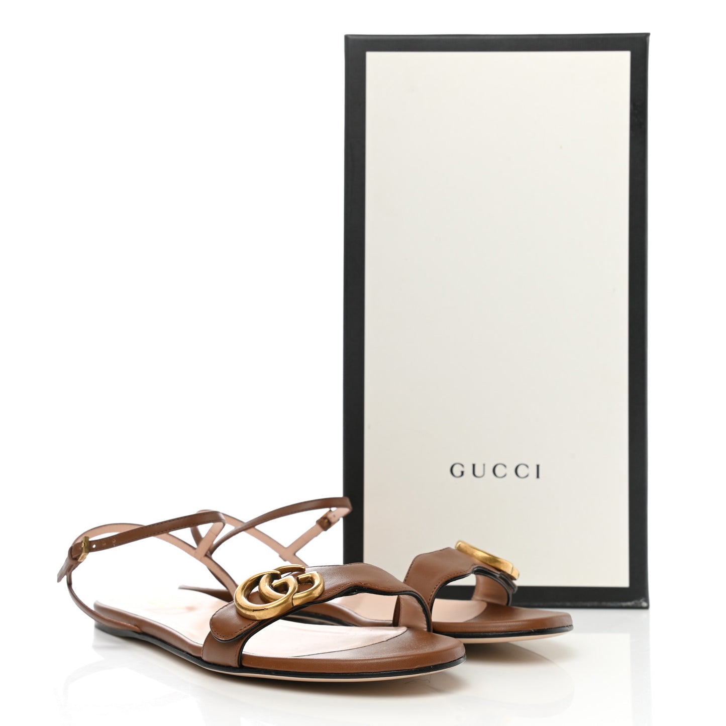 Lifford Calfskin GG Marmont Ankle Wrap Flat Sandals 37.5 Cognac