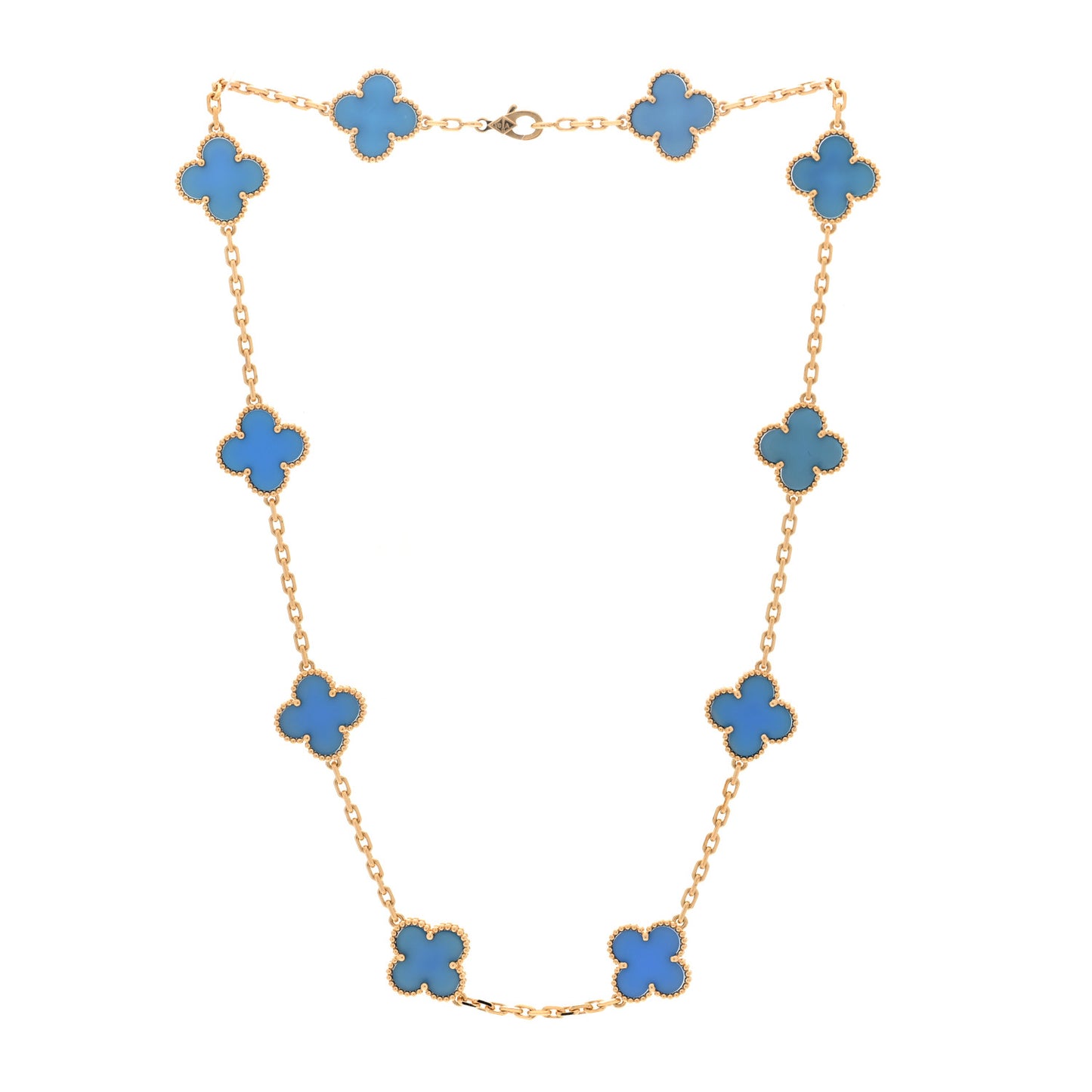 18K Yellow Gold Blue Agate 10 Motifs Vintage Alhambra Necklace