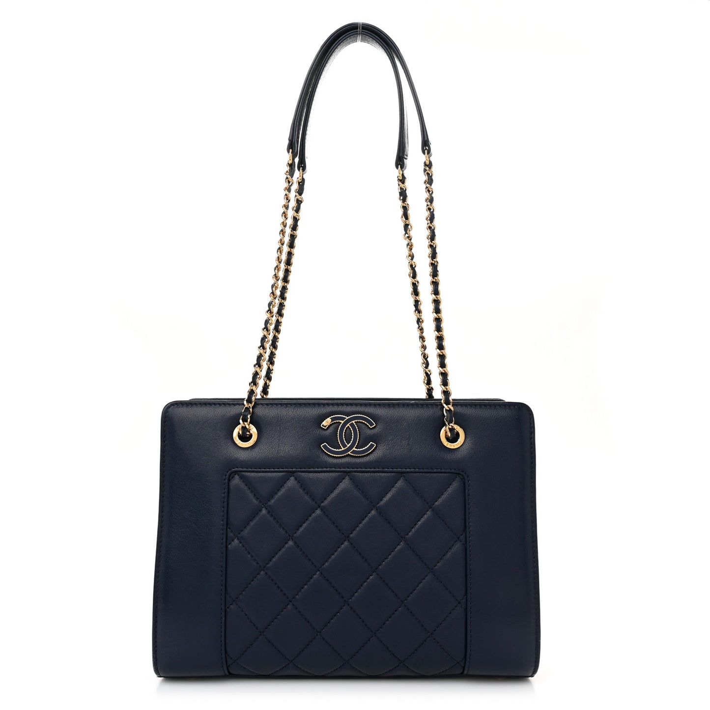 Sheepskin Quilted Small Mademoiselle Vintage Shopping Tote Navy