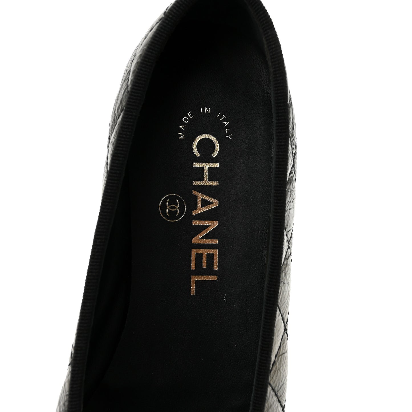 Metallic Aged Calfskin Quilted CC Cap Toe Ballerina Flats 36 Dark Silver