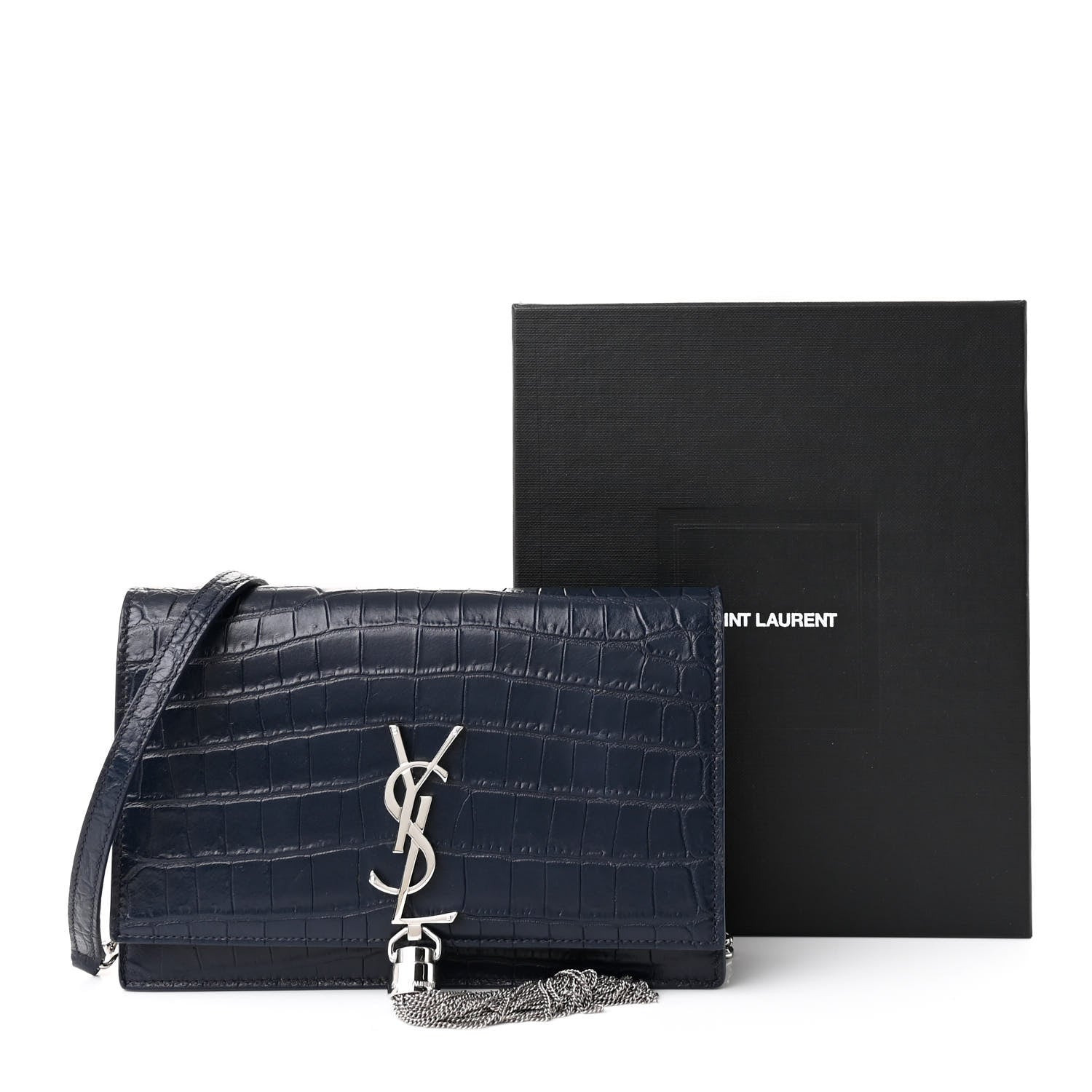 Saint Laurent Calfskin Crocodile Embossed Kate Monogram Tassel Chain Wallet Deep Marine 11 of 11