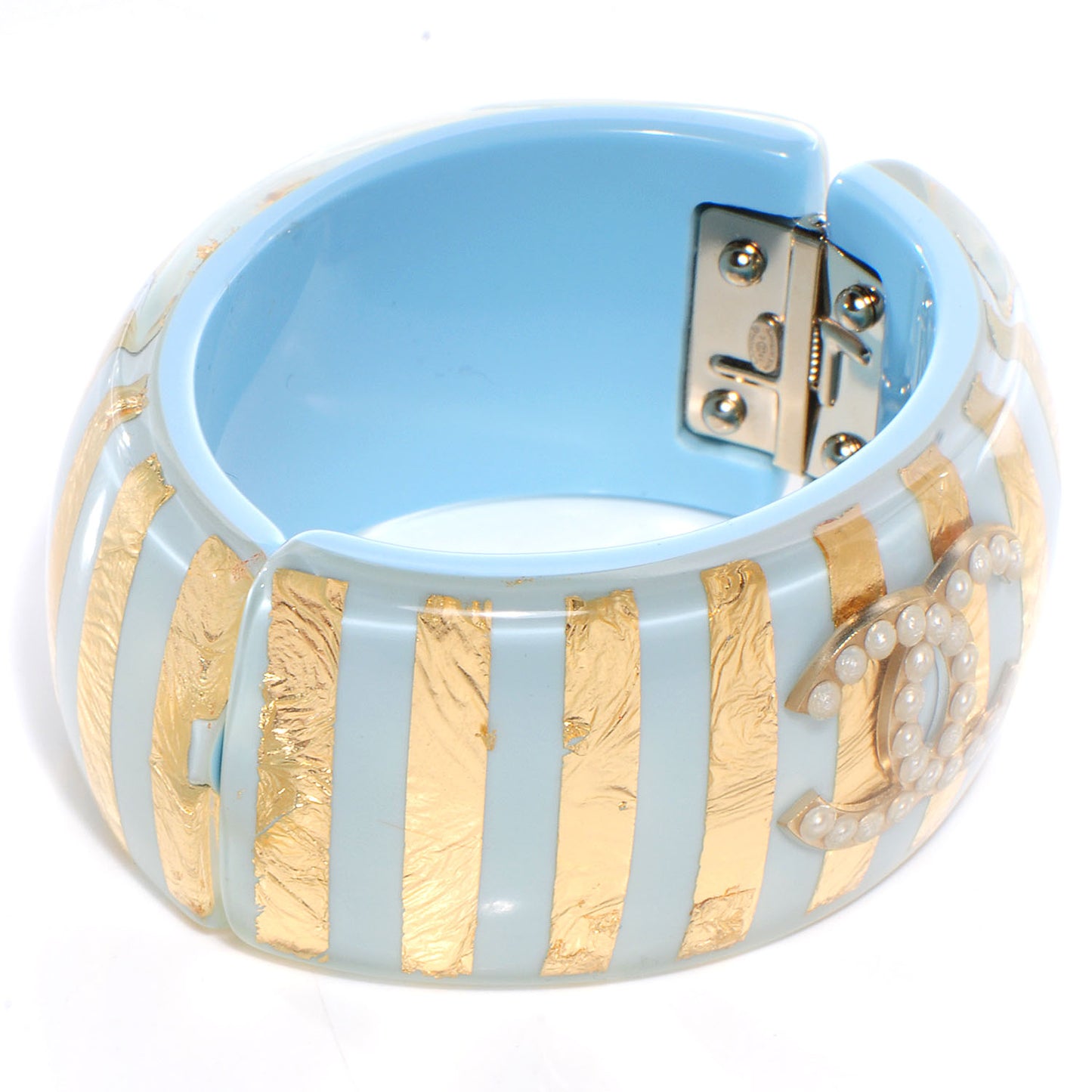 Resin Striped Pearl CC Cuff Light Blue Gold