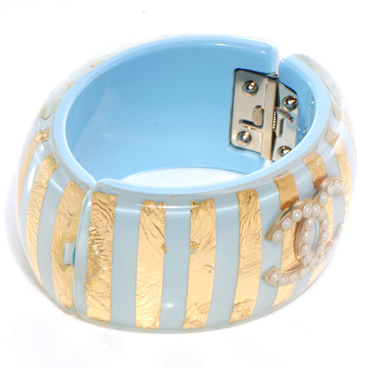 Chanel Resin Striped Pearl CC Cuff Light Blue Gold 3 of 6