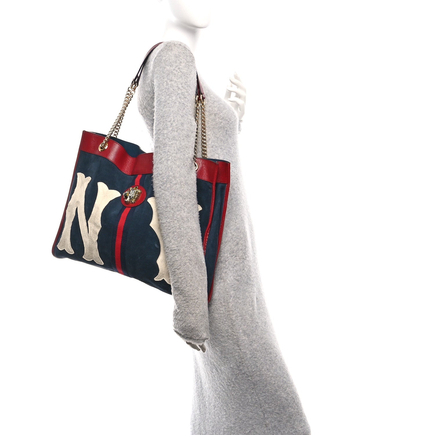 Gucci X MLB Suede Calfskin NY Yankees Large Rajah Chain Tote New