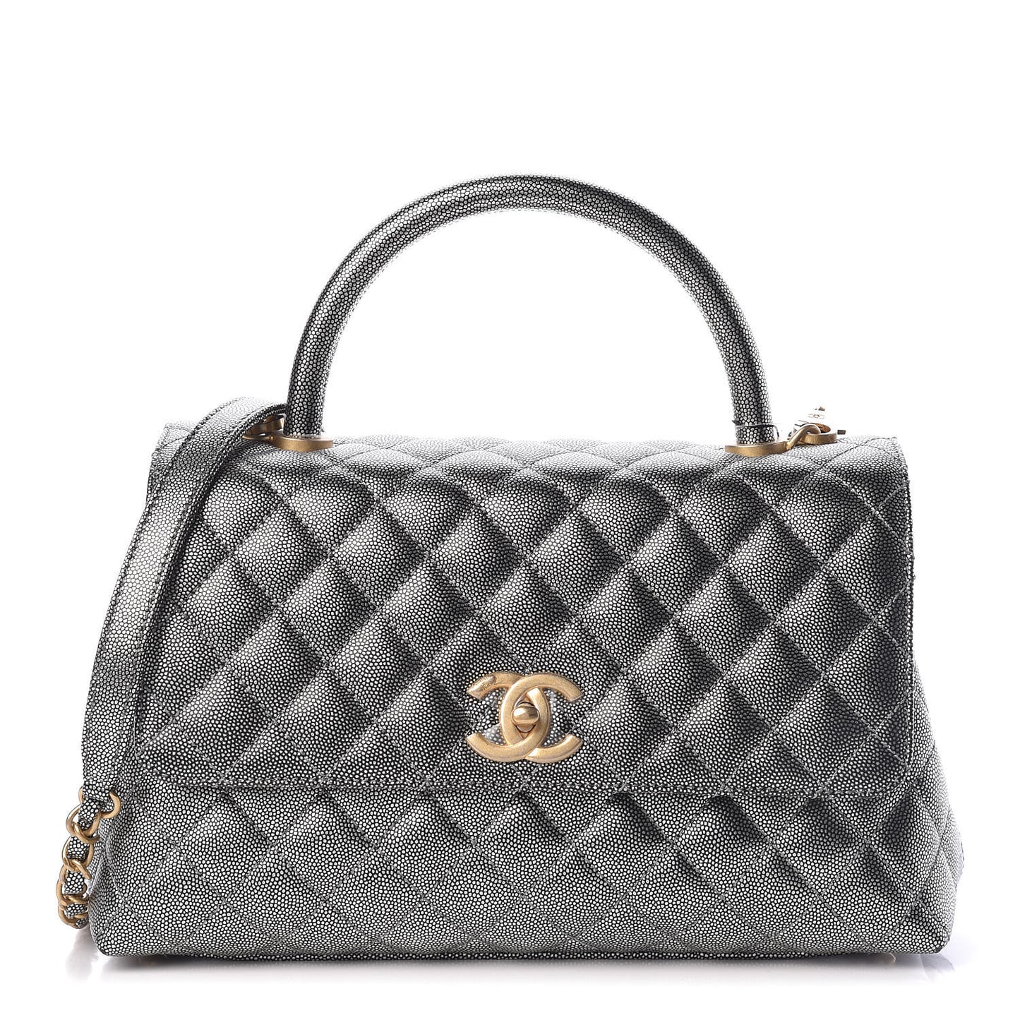 Metallic Caviar Quilted Small Coco Handle Flap Silver