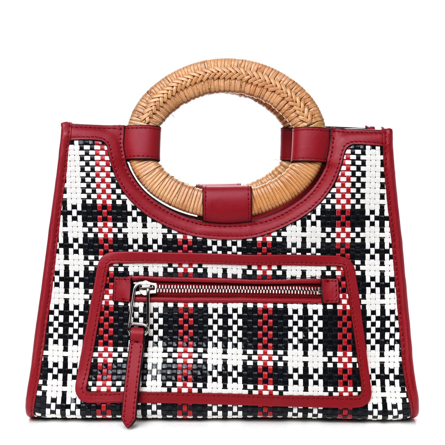 Vitello Century Wicker Tartan Plaid Woven Small Runaway Shopper Tote White Blue Fragola