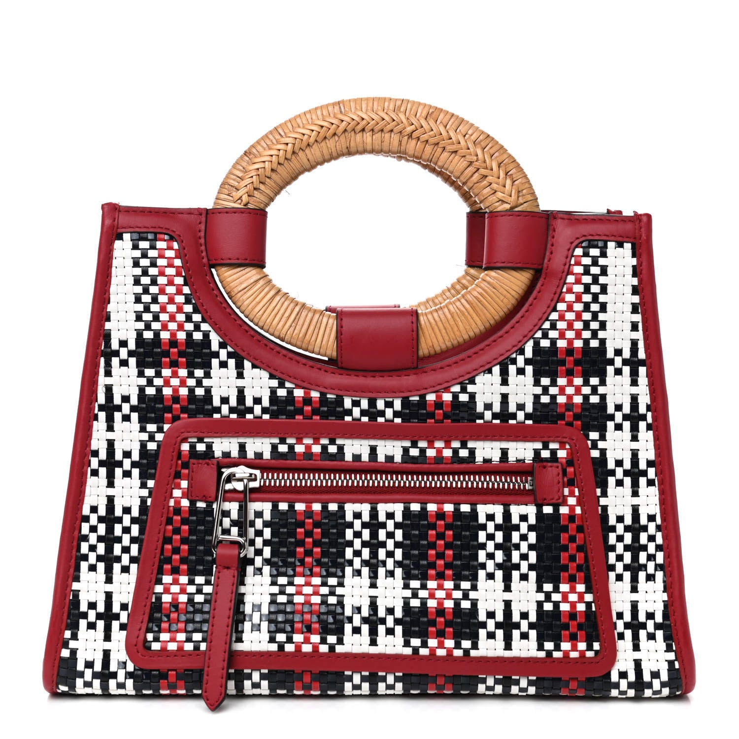 Fendi Vitello Century Wicker Tartan Plaid Woven Small Runaway Shopper Tote White Blue Fragola 1 of 4