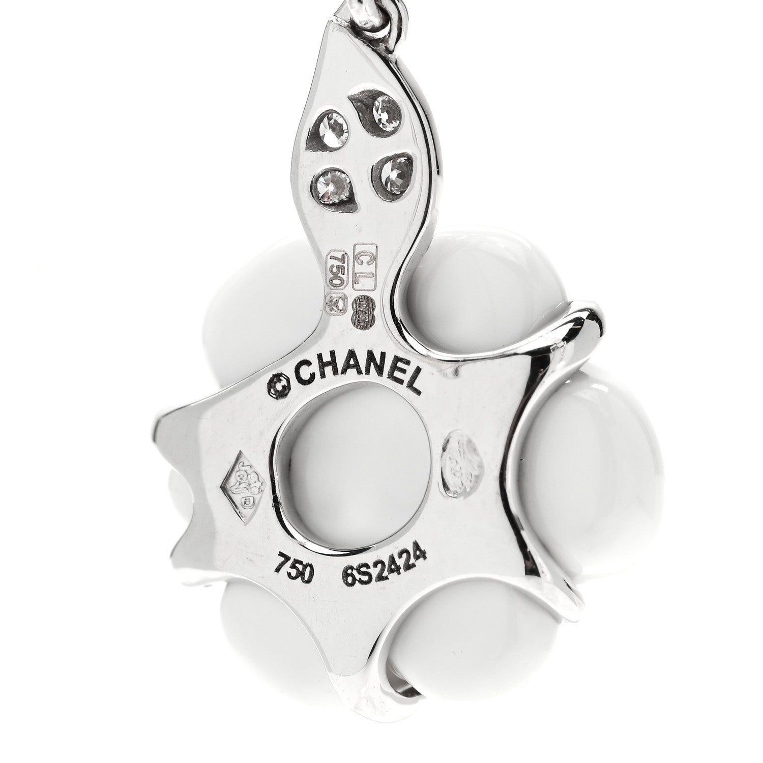 Chanel 18K White Gold Diamond White Agate Camelia Sculpte Drop Earrings 4 of 5