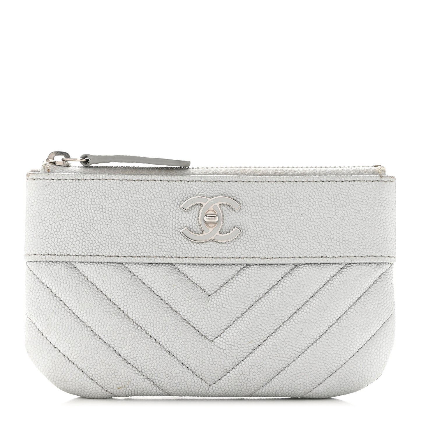 Metallic Caviar Chevron Quilted Small Vintage Mademoiselle Cosmetic Case Silver