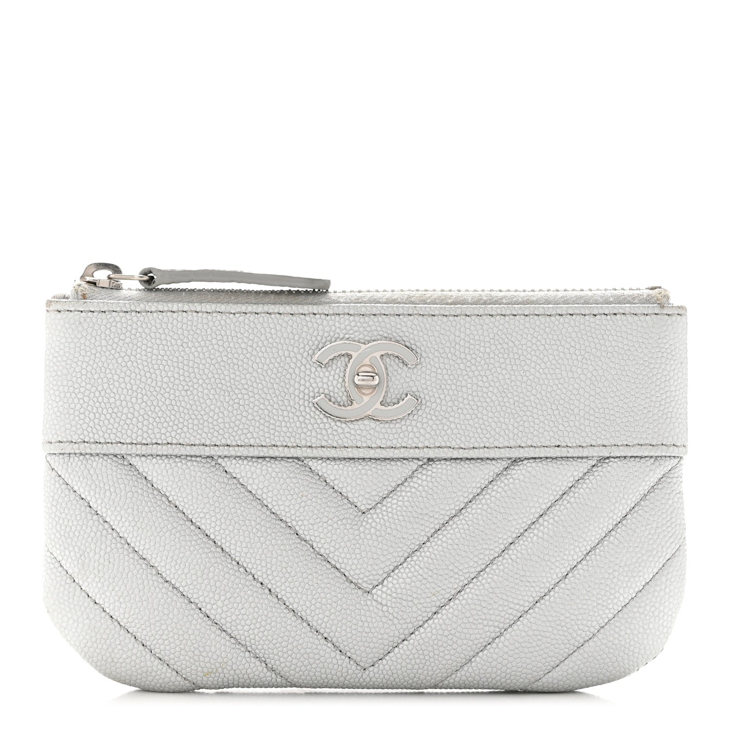 Chanel Metallic Caviar Chevron Quilted Small Vintage Mademoiselle Cosmetic Case Silver 1 of 9