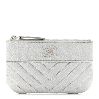 Chanel Metallic Caviar Chevron Quilted Small Vintage Mademoiselle Cosmetic Case Silver 1 of 9