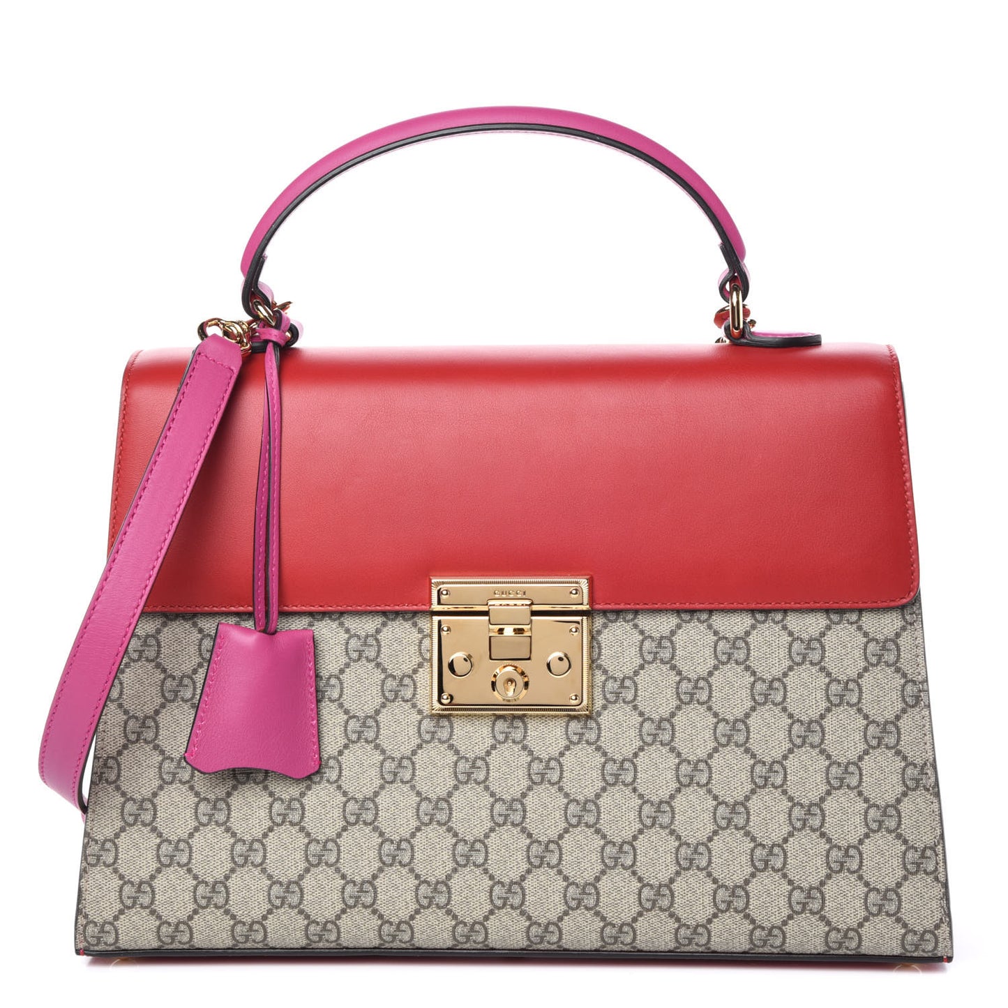 GG Supreme Monogram Calfskin Medium Padlock Top Handle Bag Beige Hibiscus Red New Rosette