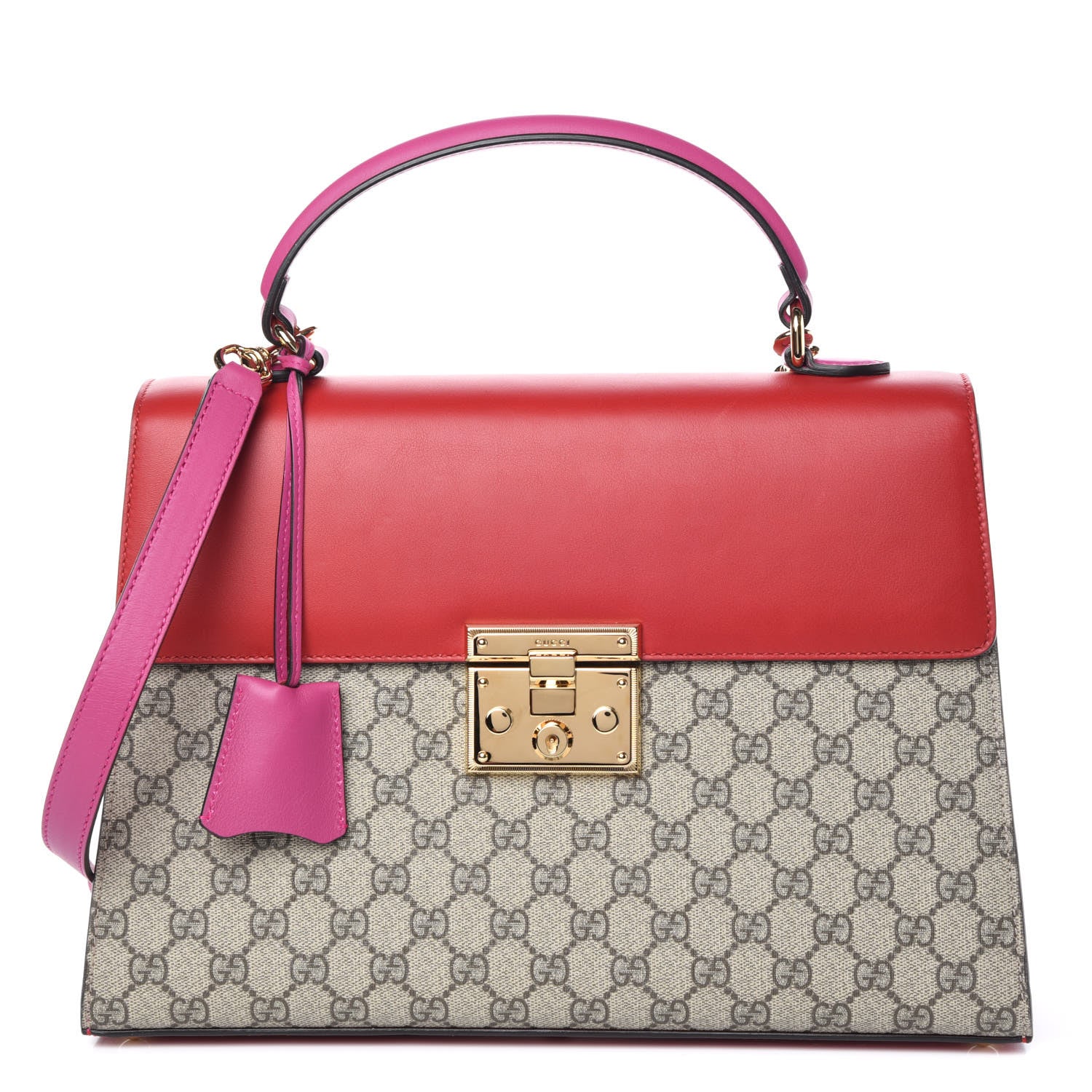 Gucci GG Supreme Monogram Calfskin Medium Padlock Top Handle Bag Beige Hibiscus Red New Rosette 1 of 10