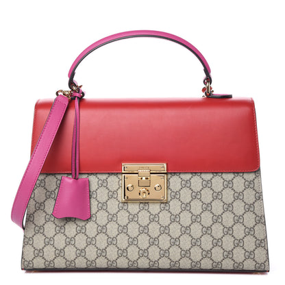 Gucci GG Supreme Monogram Calfskin Medium Padlock Top Handle Bag Beige Hibiscus Red New Rosette 1 of 10