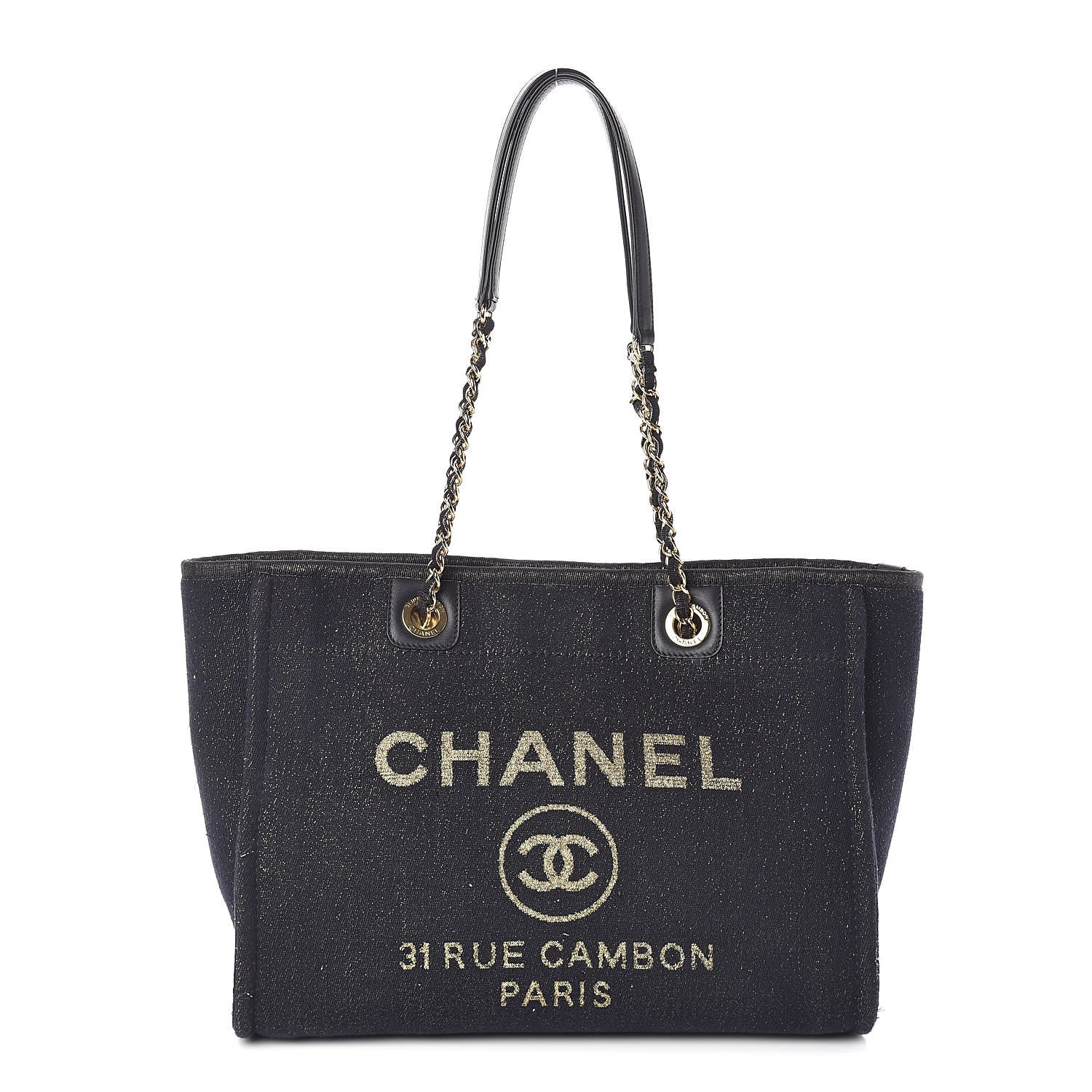 Chanel Lurex Canvas Small Deauville Tote Navy Blue Gold 1 of 10