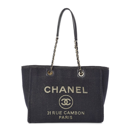 Chanel Lurex Canvas Small Deauville Tote Navy Blue Gold 1 of 10