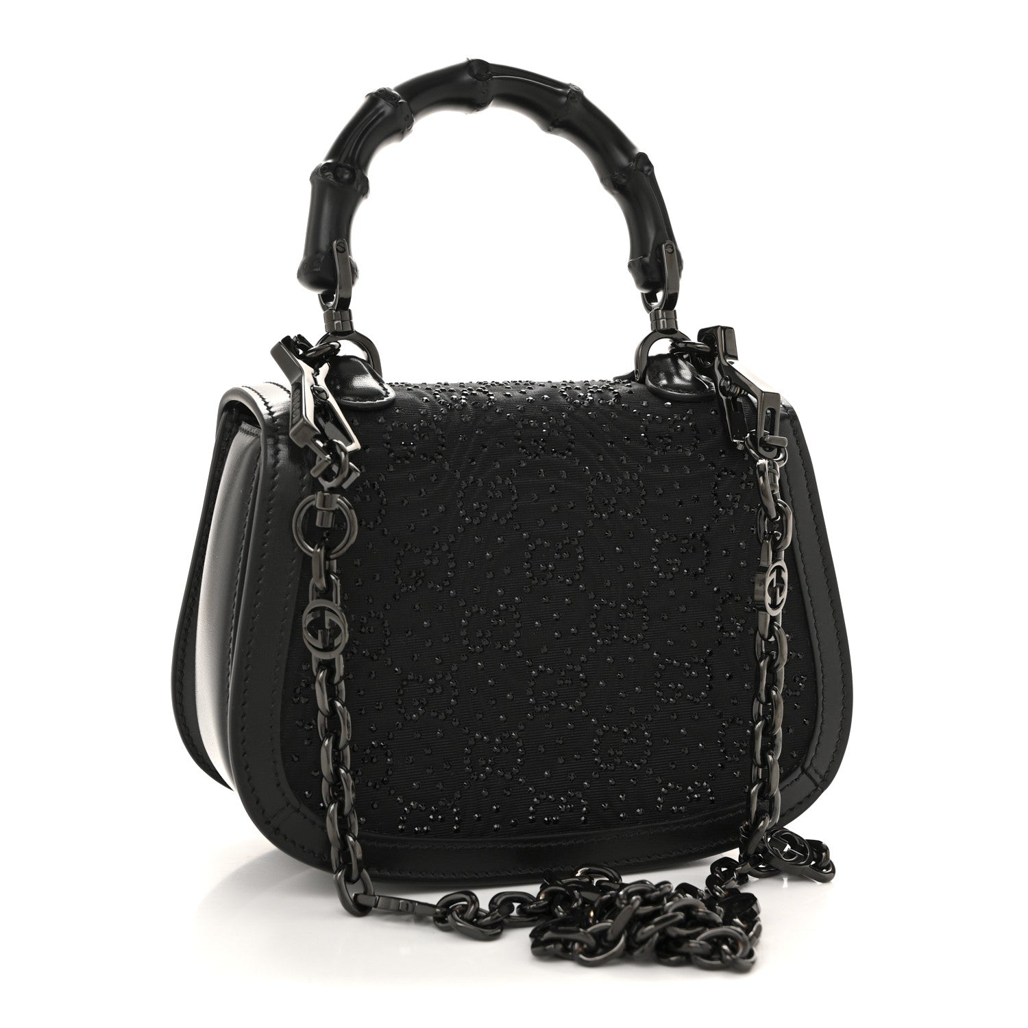 Gucci Moire Fabric Calfskin Rhinestone Monogram Monochrome Mini Bamboo 1947 Top Handle Chain Bag Black 3 of 12