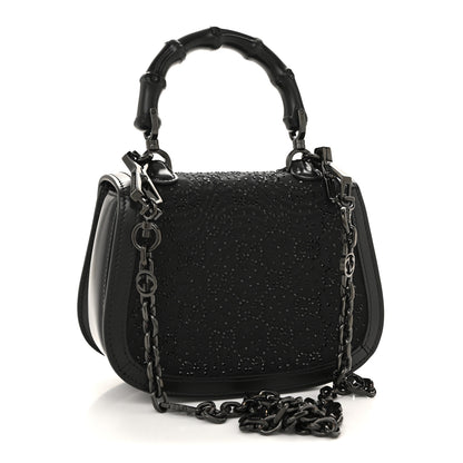 Gucci Moire Fabric Calfskin Rhinestone Monogram Monochrome Mini Bamboo 1947 Top Handle Chain Bag Black 3 of 12