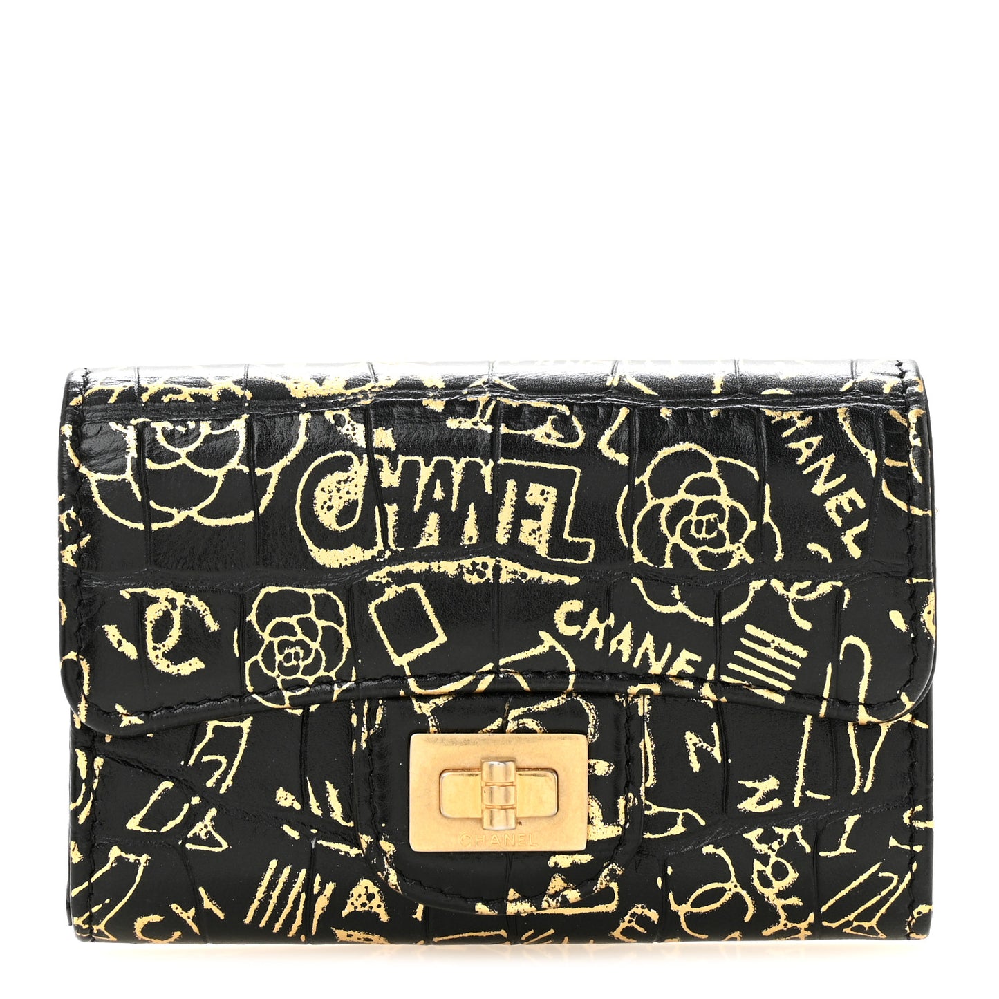 Calfskin Crocodile Embossed Graffiti 2.55 Cocodile Reissue Flap Card Holder Black Gold