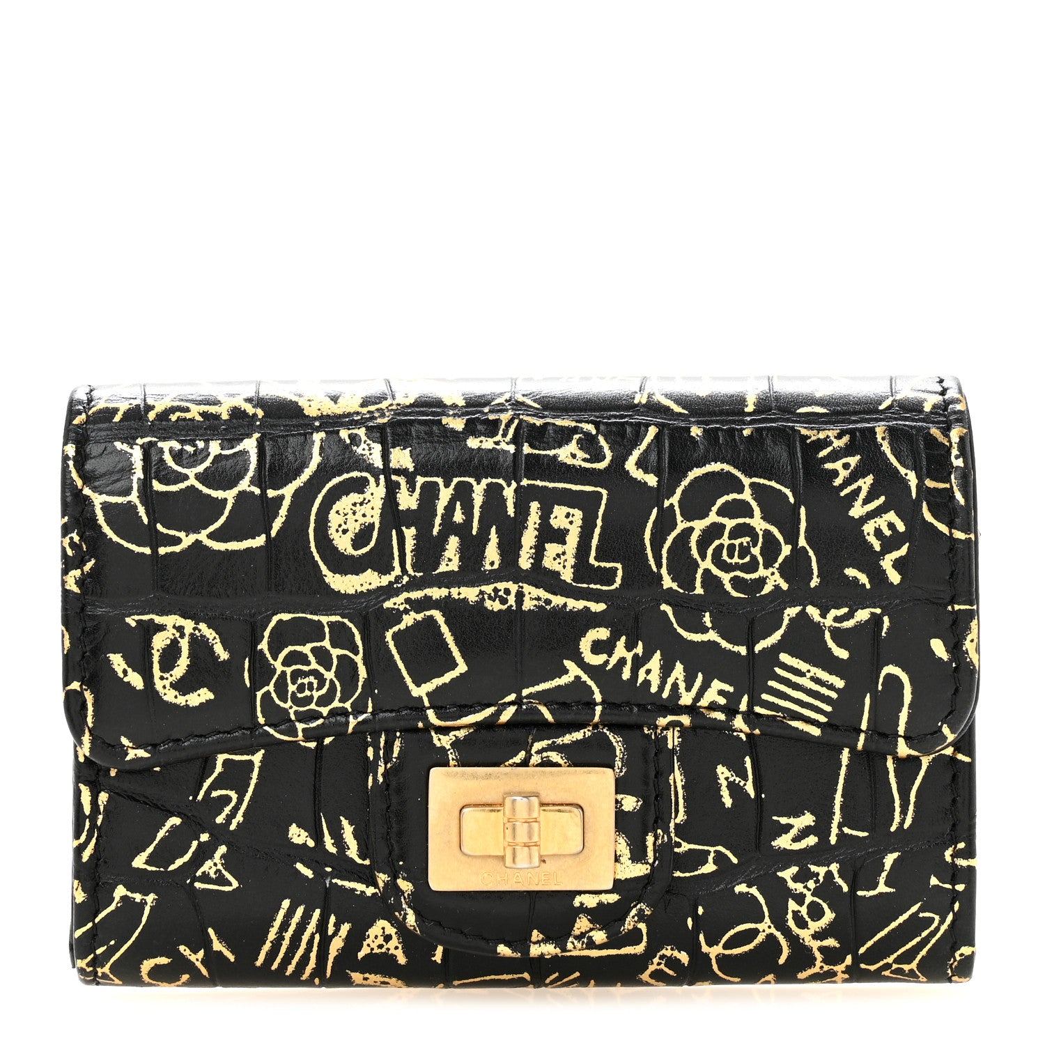 Chanel Calfskin Crocodile Embossed Graffiti 2.55 Cocodile Reissue Flap Card Holder Black Gold 1 of 10