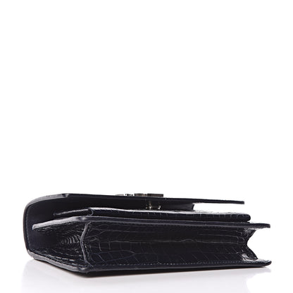 Saint Laurent Calfskin Crocodile Embossed Monogram Sunset Chain Wallet Navy 4 of 13