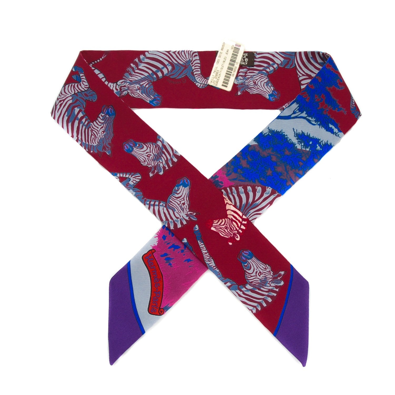 Hermes Silk Les Zebres Twilly Bordeaux Violet Blue Jean 1 of 6