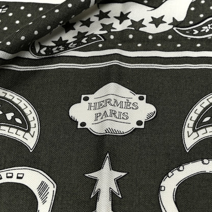 Hermes Cashmere Silk Cheval De Coeur Bandana Shawl 140 Kaki White Black 3 of 4