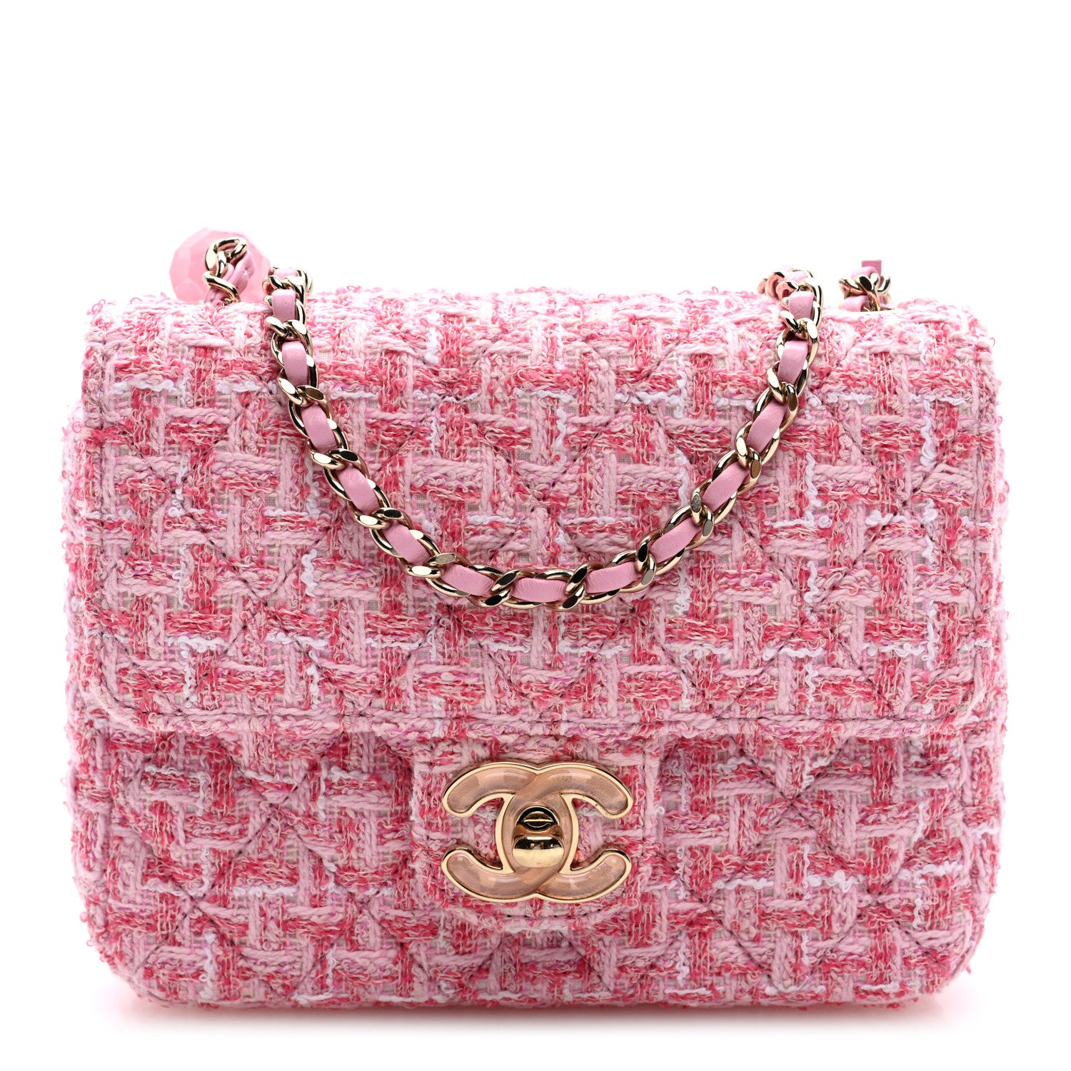 Chanel Tweed Resin Quilted Mini Heart Square Flap Pink White 1 of 10