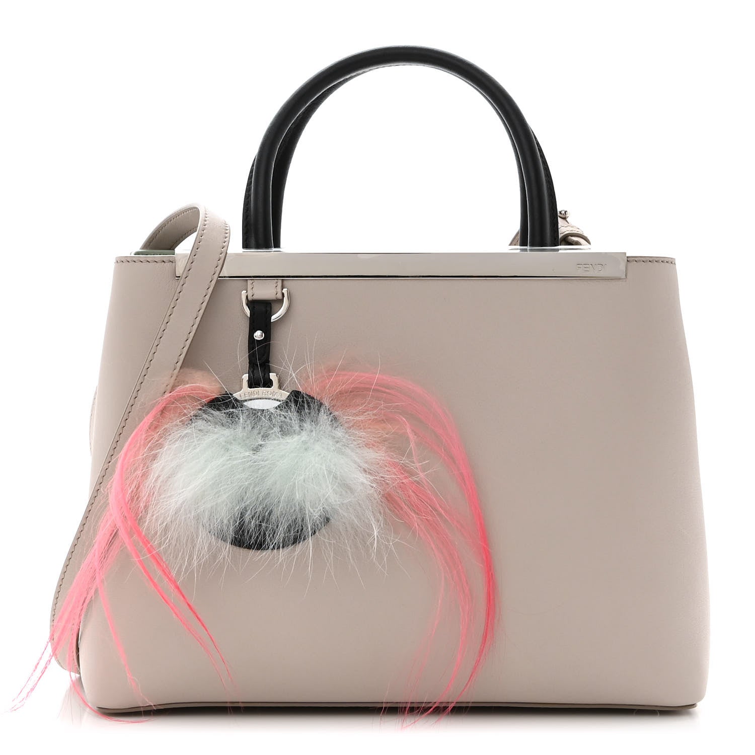 Fendi Vitello Dolce Fox Goat Bi-Color Sad Eyes Mirror Charm Petite 2Jours Tote Grigio Polvere Black 3 of 13