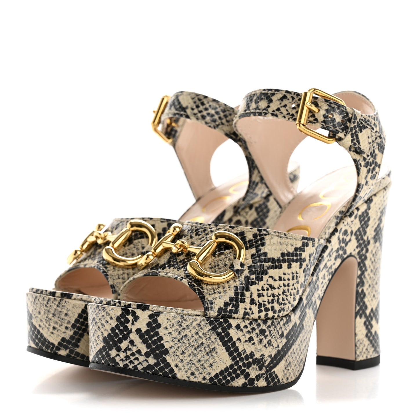 Calfskin Snakeskin Print Horsebit 40/135mm Platform Sandals 35.5 Beige Avana