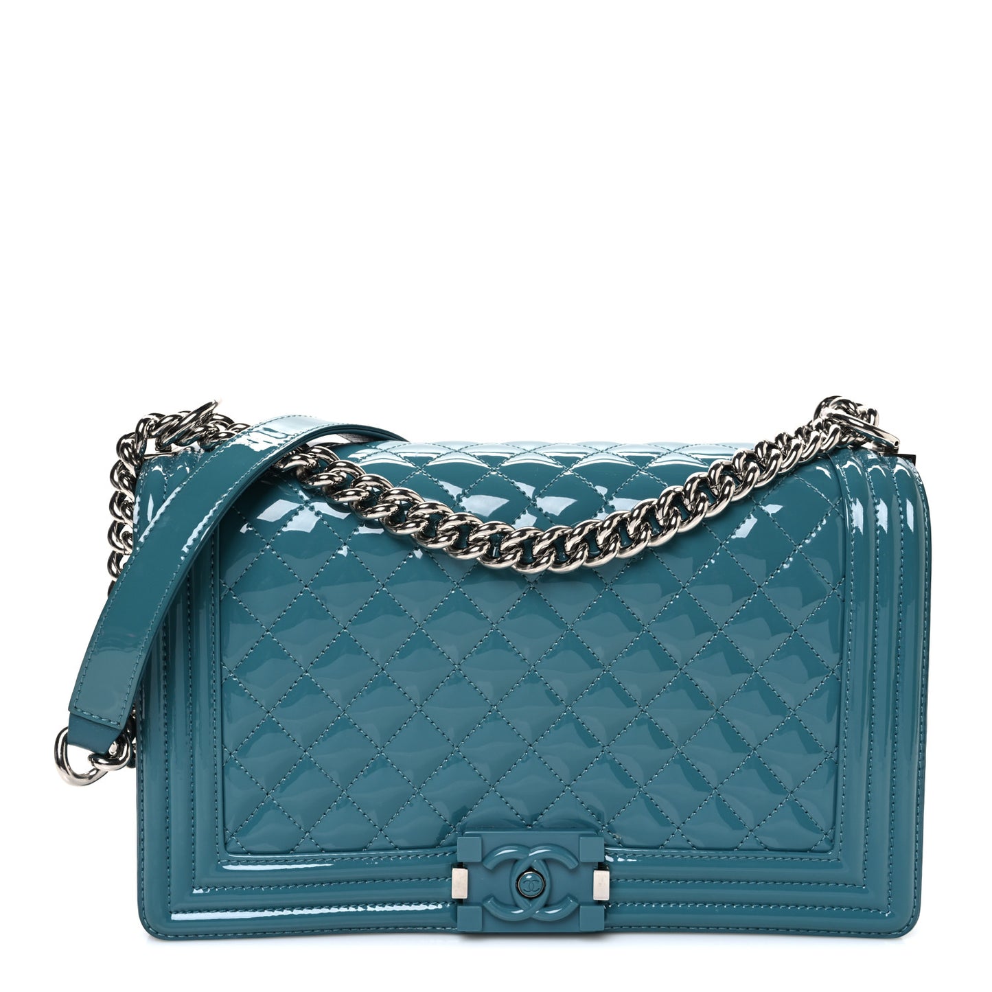 Patent Calfskin Quilted New Medium Plexiglass Boy Flap Turquoise