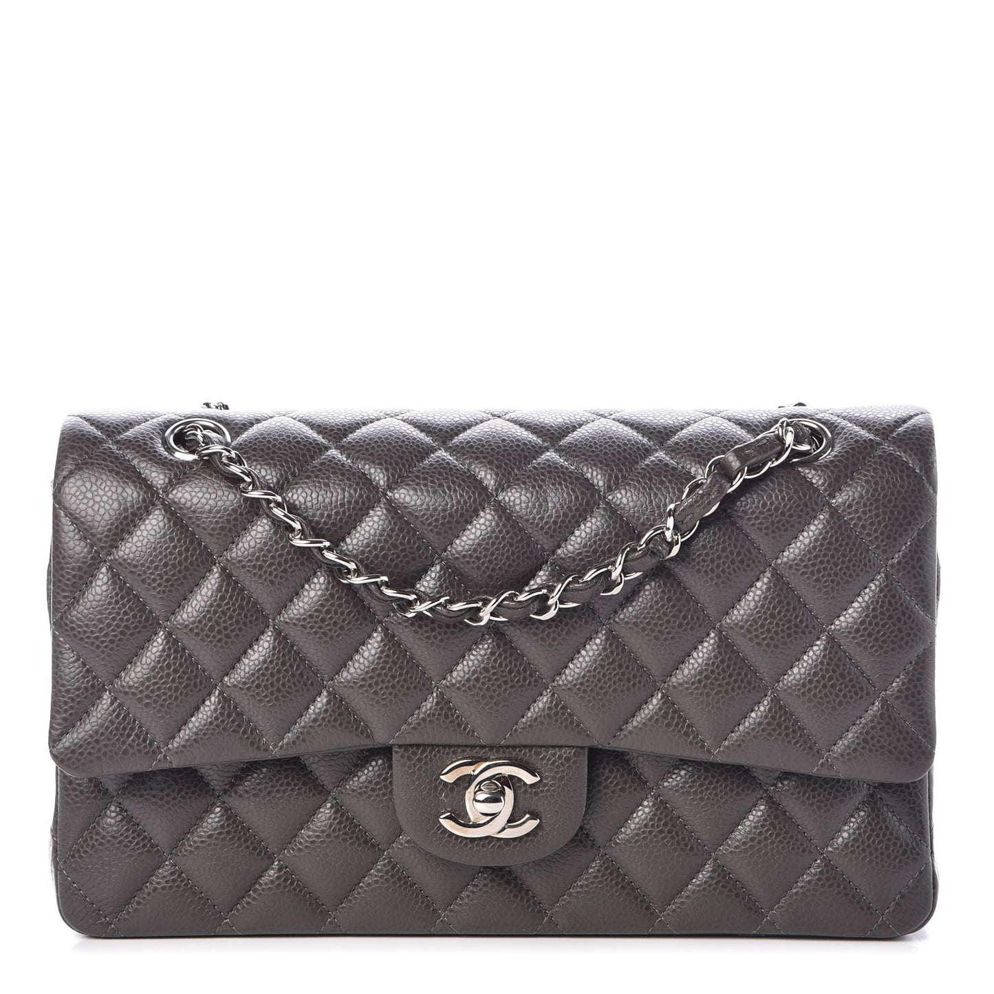 Caviar Quilted Medium Double Flap Dark Grey