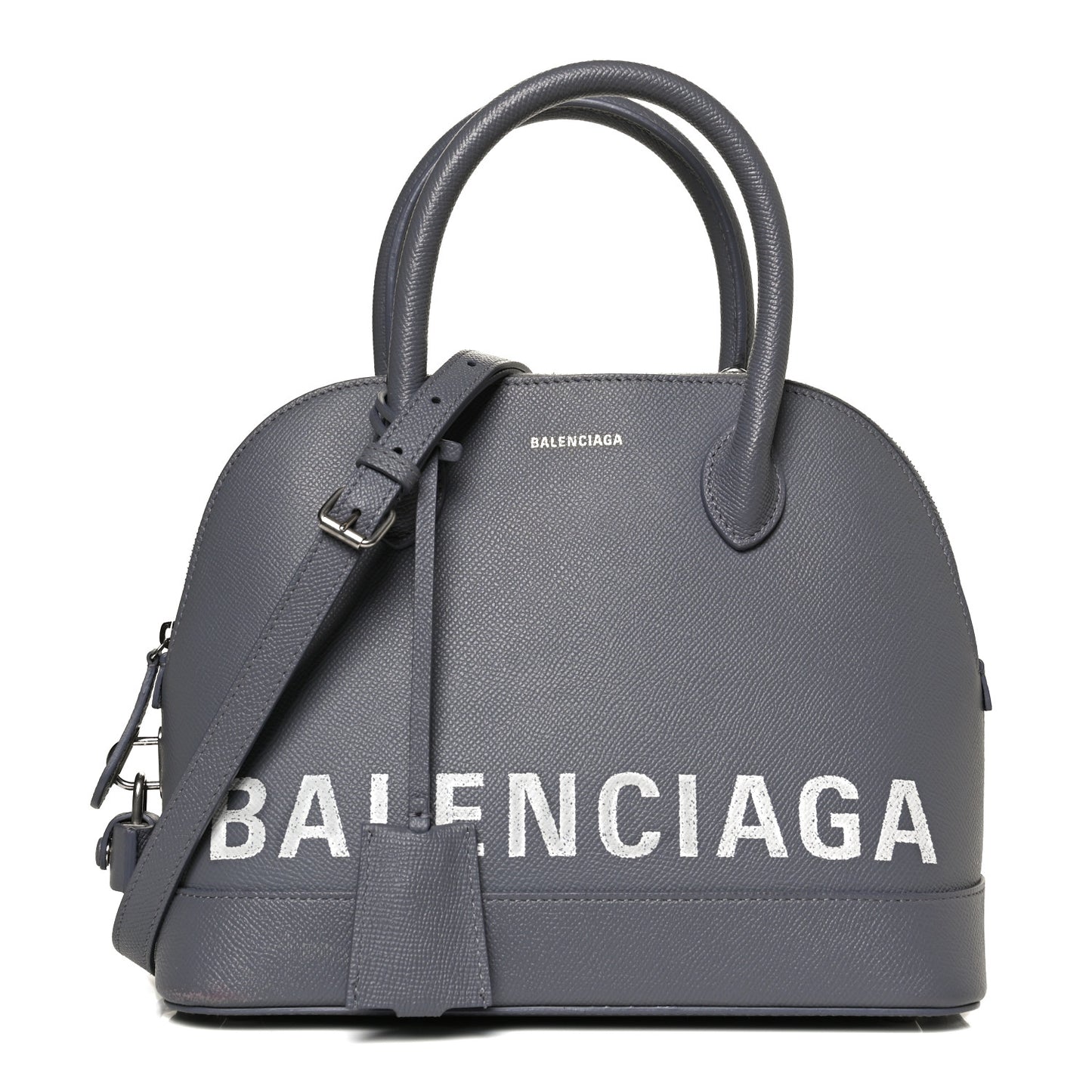 Signature Grained Calfskin Logo S Ville Top Handle Bag Gris Perle Fonce White
