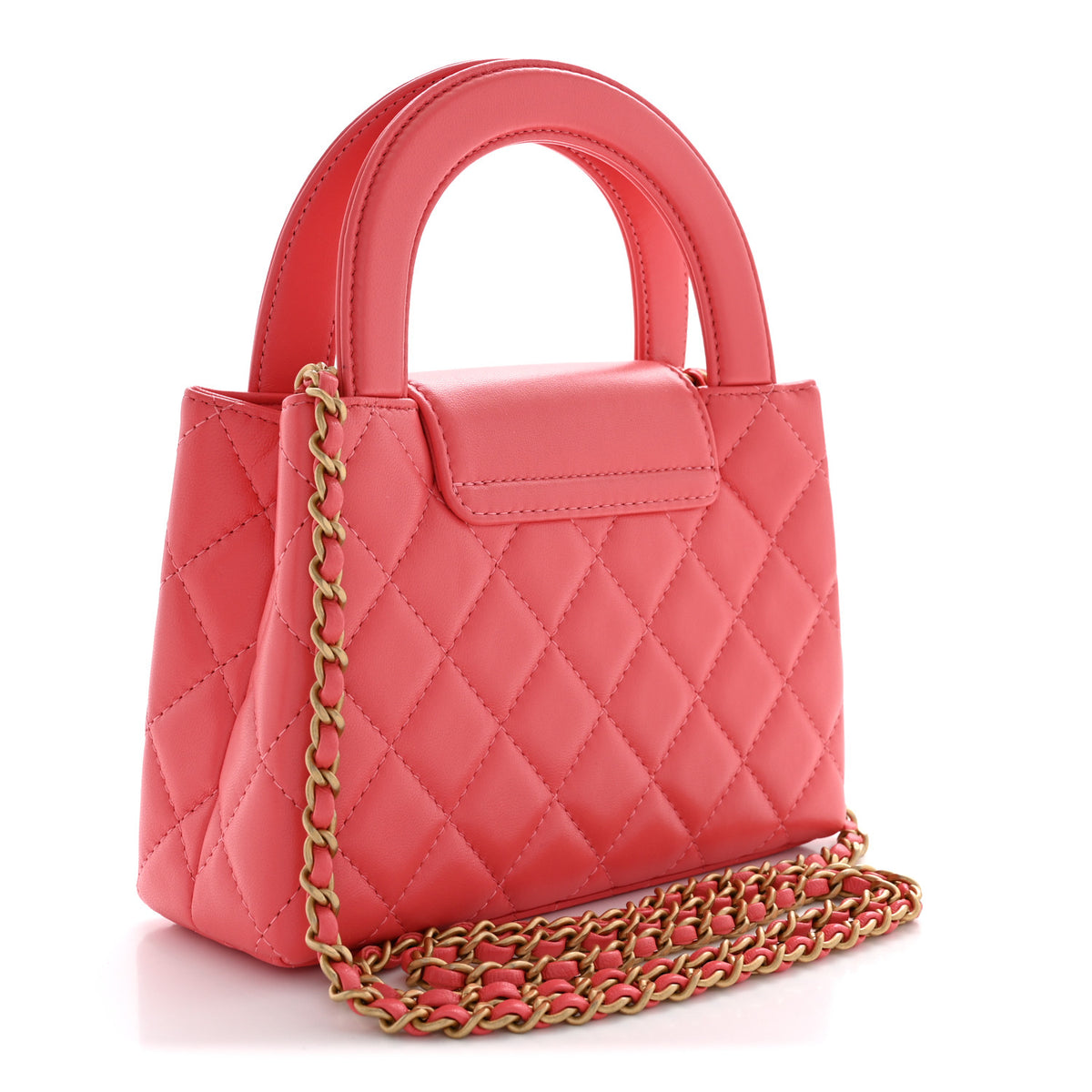 Shiny Aged Calfskin Quilted Nano Kelly Shopper Coral Pink