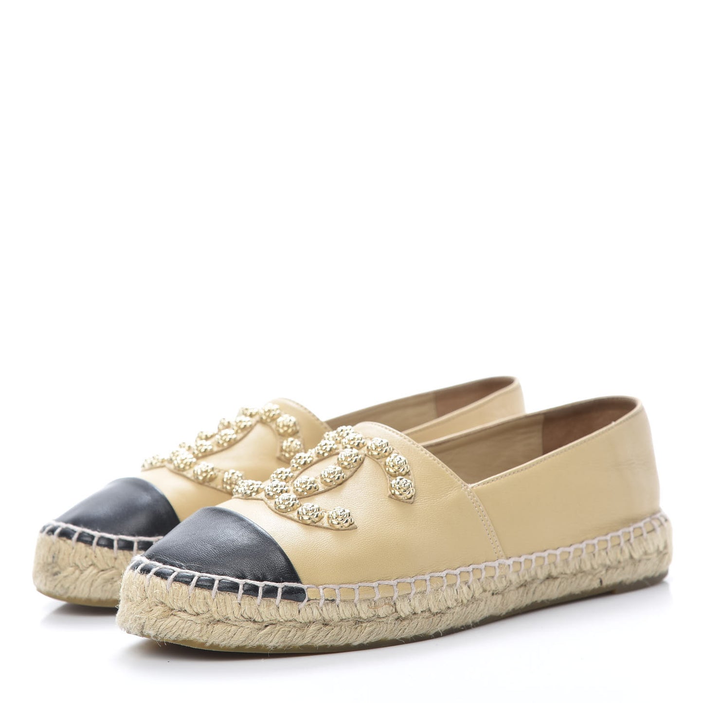 Lambskin CC Camellia Stud Espadrilles 37 Beige Black