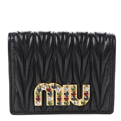 Miu Miu Nappa Matelasse Crystal Logo Compact Wallet Black 1 of 8