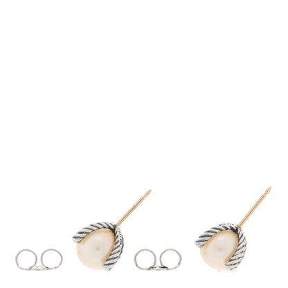 David Yurman Sterling Silver Diamond Pearl 10mm Cable Stud Earrings 3 of 4