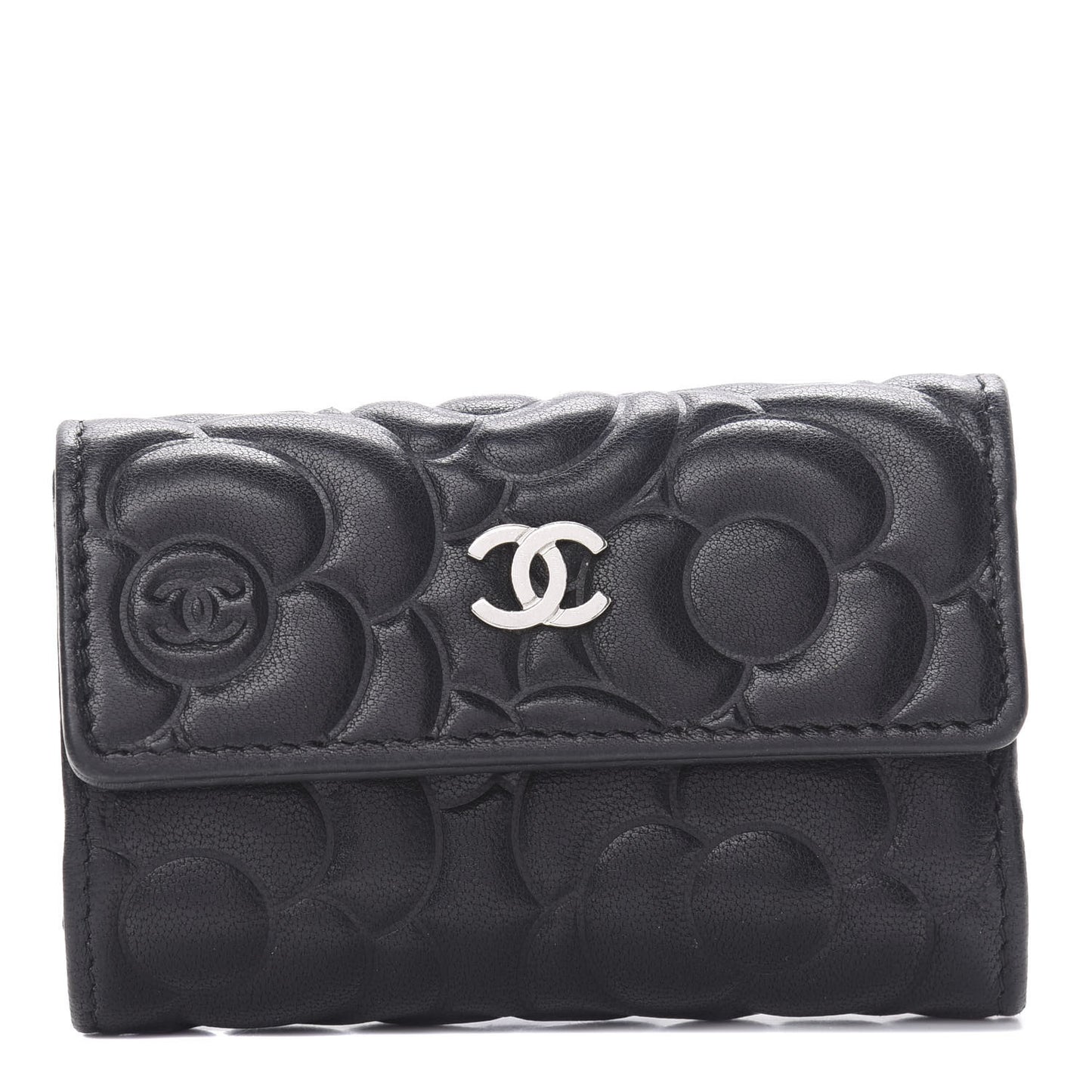 Goatskin Camellia Embossed 4 Key Holder Black