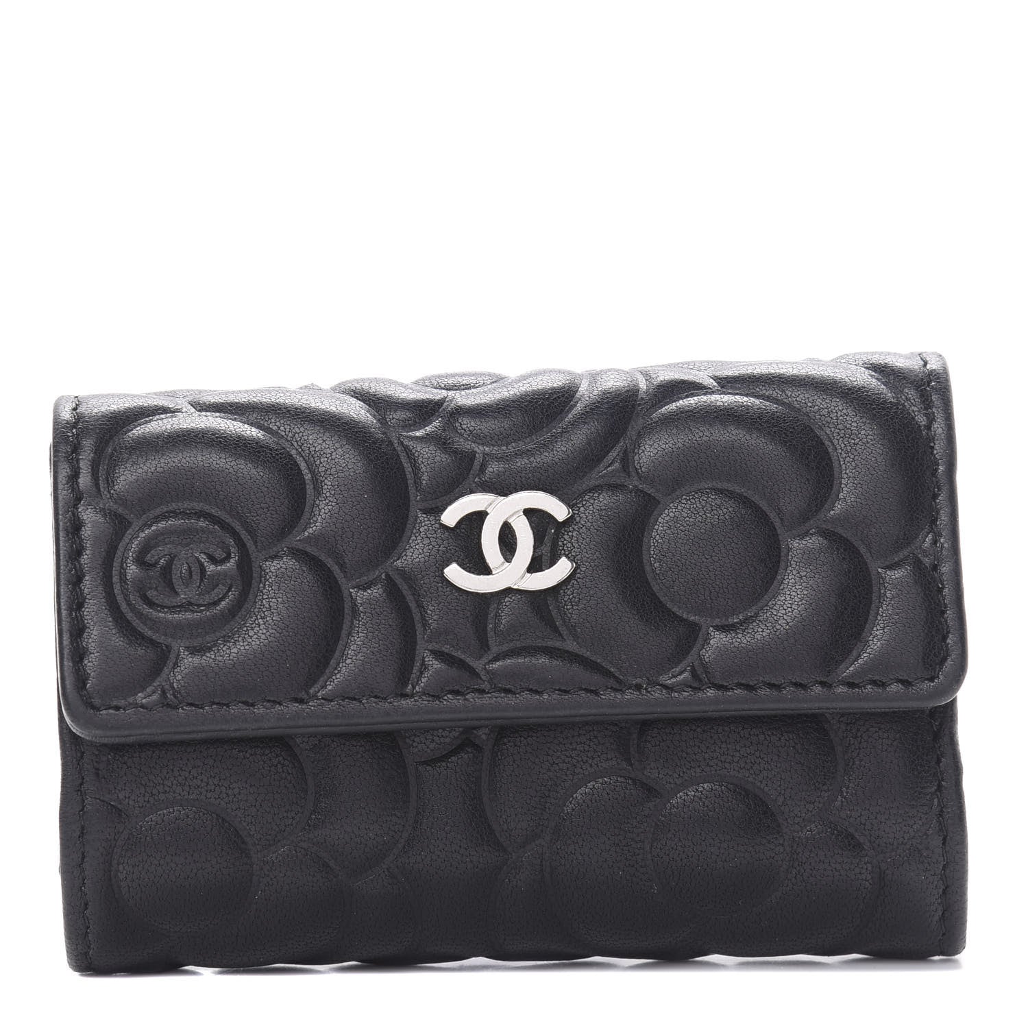 Chanel Goatskin Camellia Embossed 4 Key Holder Black 1 of 11